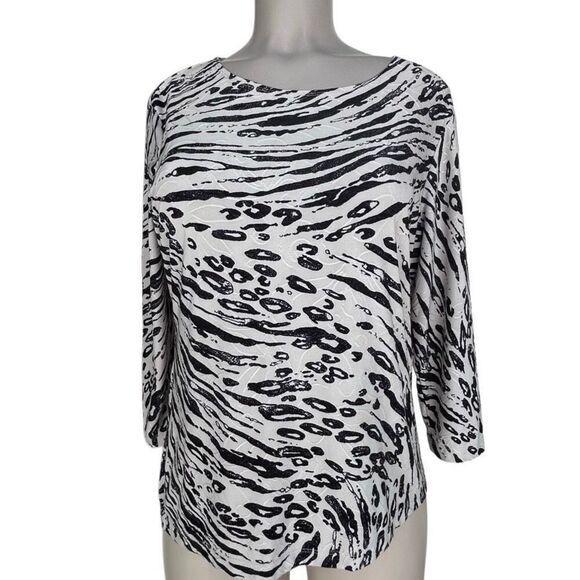 JM Collection Blouse Women's PL Black & White Embroidered Textured Animal Print - Picture 1 of 11